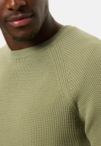 Hellgrüner Strickpullover mit gerippter Textur und rundem Ausschnitt. Mit Raglanärmeln und einem durchgehend gleichmäßigen Muster.