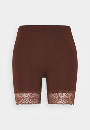 Brown cotton shorts with a fitted design, featuring a lace trim at the hem for added detail and texture.