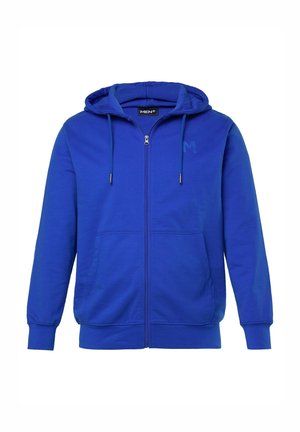 Blauwe ritssluiting hoodie van een katoenmix, met een verstelbare capuchon, voorkantzakken en een subtiel logo op de borst. Gladde textuur.