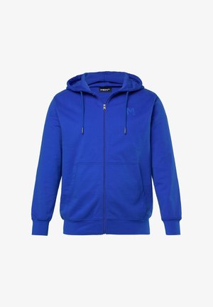 Niebieska rozpinana bluza z kapturem, wykonana z bawełnianej mieszanki, z kapturem na sznurku, przednimi kieszeniami i subtelnym logo na piersi. Gładka tekstura.