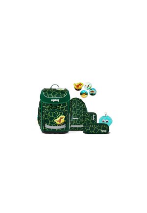 Green backpack set with geometric pattern, dinosaur badge, matching pencil case, wallet, and four dinosaur-themed pins with a blue furry keychain.