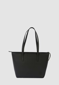 Borsa tote nera in pelle texture, con due manici allungati e chiusura zip. Presenta un design minimalista e un interno spazioso.