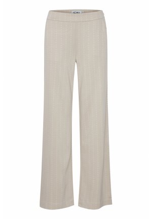 Pantalons beige à jambes larges avec une texture lisse, présentant de subtils rayures verticales blanches, une taille élastique et une coupe droite.
