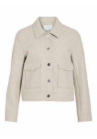 Chaqueta cropped de mezcla de lana en color beige, con cuello tipo solapa, botones a presión de metal plateado y dos bolsillos frontales. Textura suave, diseño estructurado.