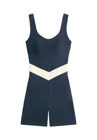 Navy blue one-piece swimwear with wide straps, a structured bodice, and a contrasting white v-shaped waistband. Smooth texture and minimalist design.