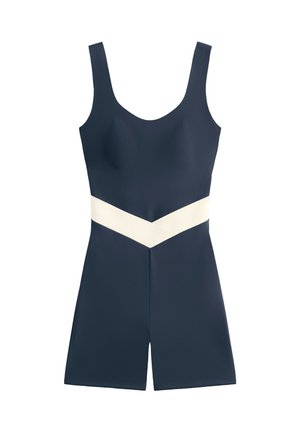 Maillot de bain une pièce bleu marine avec des bretelles larges, un corsage structuré et une taille en V blanche en contraste. Texture lisse et design minimaliste.