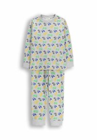 Szara pidżama składająca się z długich rękawów i spodni, ozdobiona kolorowymi wzorami samochodów i zabawek. Miękki, bawełniany materiał z prążkowanymi mankietami.