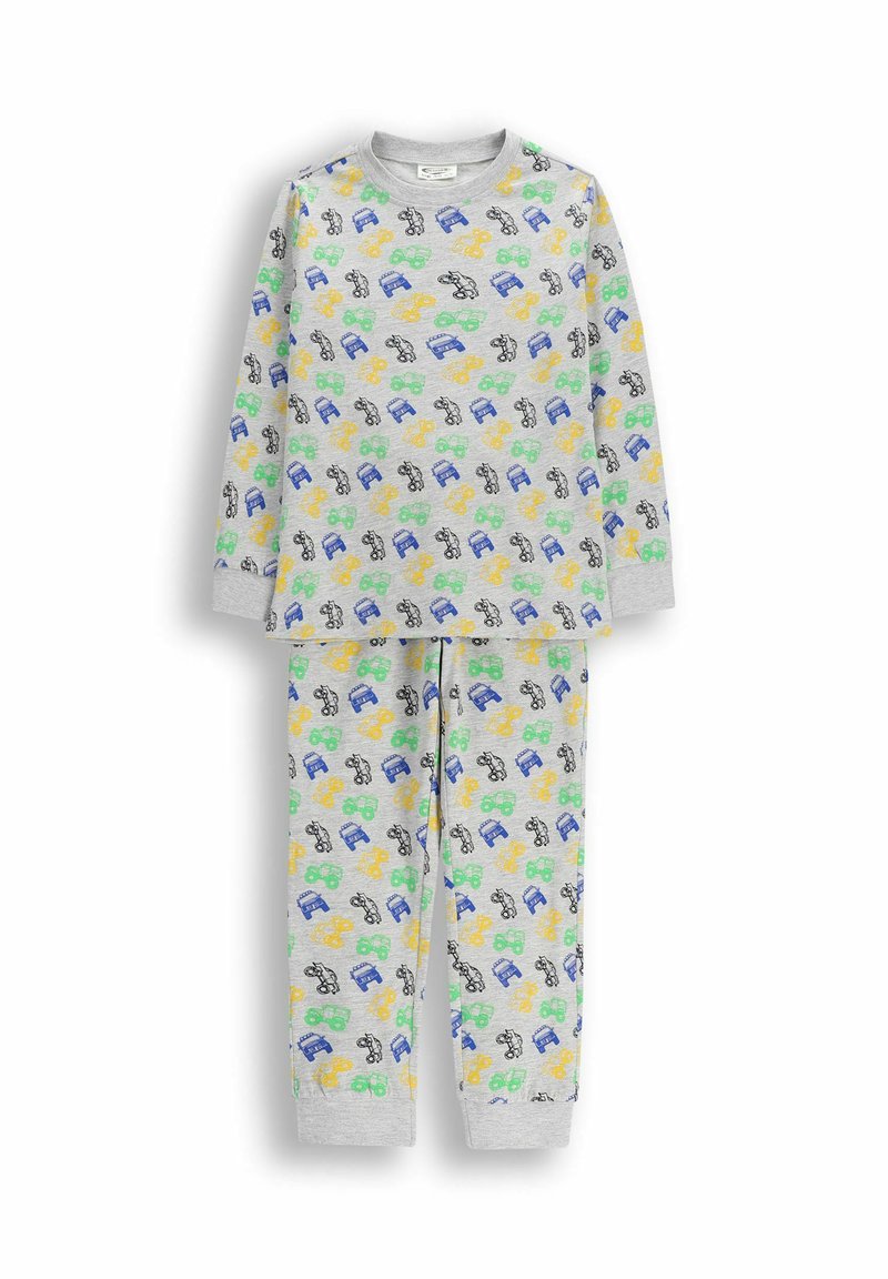Szara pidżama składająca się z długich rękawów i spodni, ozdobiona kolorowymi wzorami samochodów i zabawek. Miękki, bawełniany materiał z prążkowanymi mankietami.