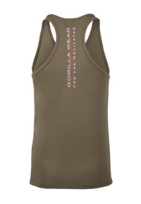Olijfgroene tanktop van zacht stof, met een racerback ontwerp. De tekst op de rug luidt "GORILLA WEAR VOOR DE GEMOTIVEERDEN."