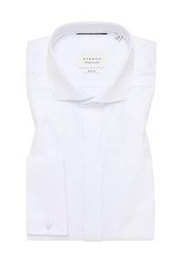 Wit slim fit overhemd van gladde stof, met een klassieke kraag, lange mouwen en een enkele knoop bij de manchetten. ETERNA label zichtbaar.