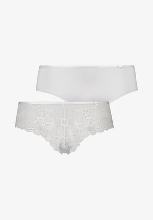 Two pairs of women's white underwear: one smooth fabric with a seamless design, one lace trim with floral patterns and scalloped edges.