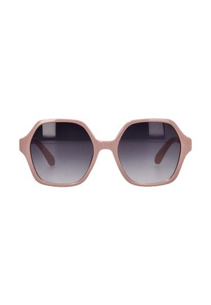 Gafas de sol octogonales rosas con lentes graduales grises, que cuentan con un marco de plástico suave y templos anchos. Sin marcas ni logotipos visibles.