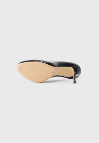 Sorte læderhøjhælede sko med en glat overflade, spids tå og en slank stiletto- hæl; lys tan sål med minimal branding.
