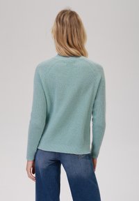 Pulover tricotat de culoare verde mentă, cu un model texturat, mâneci raglan și un tiv cu nervuri, purtat cu blugi albaștri. Văzut din spate.