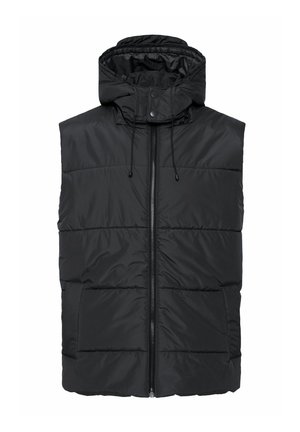 Svart evakueringsvest med glidelås foran, avtakbar hette, justerbare snorer og to sidelommer; glatt tekstur med kviltet design.