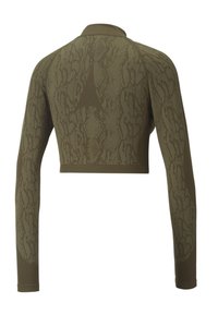 Top lungo a maniche corte verde oliva, con pattern testurizzato. Design aderente, scollo a collare, costruzione senza cuciture e tessuto morbido.