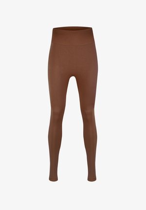 Brązowe legginsy o wysokim stanie, wykonane z elastycznej tkaniny, o gładkiej fakturze i dopasowanym kroju, zwężające się w kostkach.