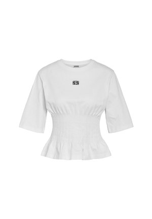 White cotton top with short sleeves and a fitted bodice. Features gathered detailing at the waist and a small graphic logo on the front.