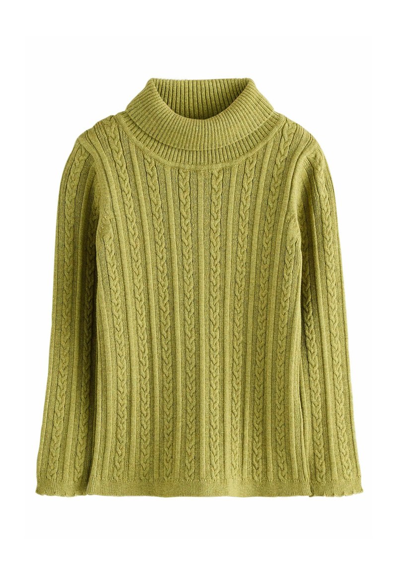 Grüner Strickpullover mit hohem Kragen. Rippstruktur mit erhöhten Zopfmuster. Lange Ärmel und ein lässiges Design.