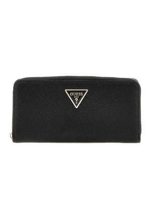 Portefeuille noir zippé fabriqué en matériau texturé. Il présente un logo triangulaire argenté à l'avant et comprend une fermeture éclair lisse.