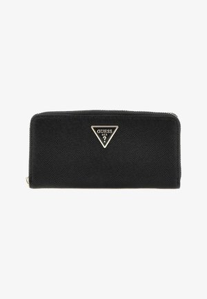 Portefeuille noir zippé fabriqué en matériau texturé. Il présente un logo triangulaire argenté à l'avant et comprend une fermeture éclair lisse.