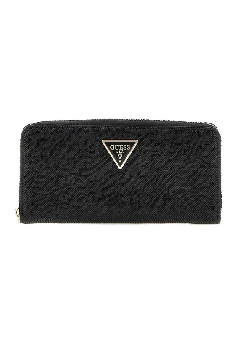 Portefeuille noir zippé fabriqué en matériau texturé. Il présente un logo triangulaire argenté à l'avant et comprend une fermeture éclair lisse.