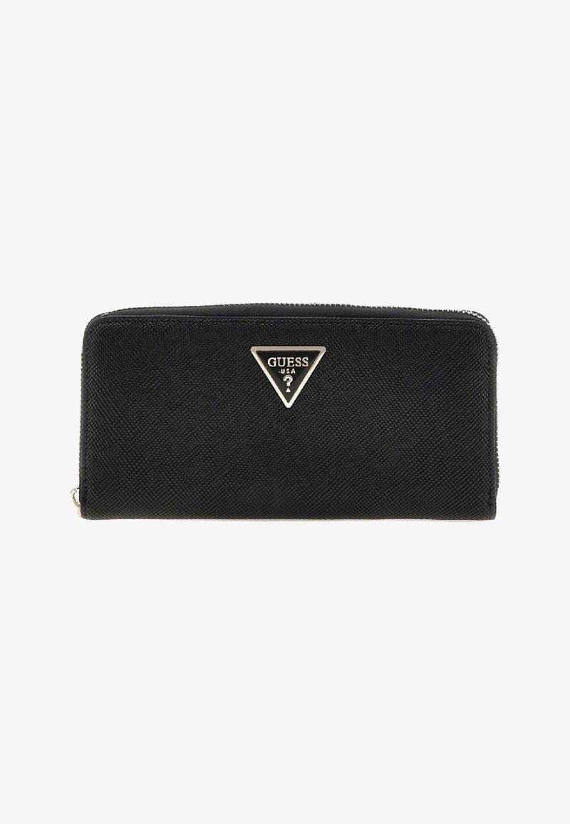 Portafoglio nero con zip in materiale testurizzato. Presenta un logo triangolare argentato sulla parte anteriore e include una chiusura con zip liscia.