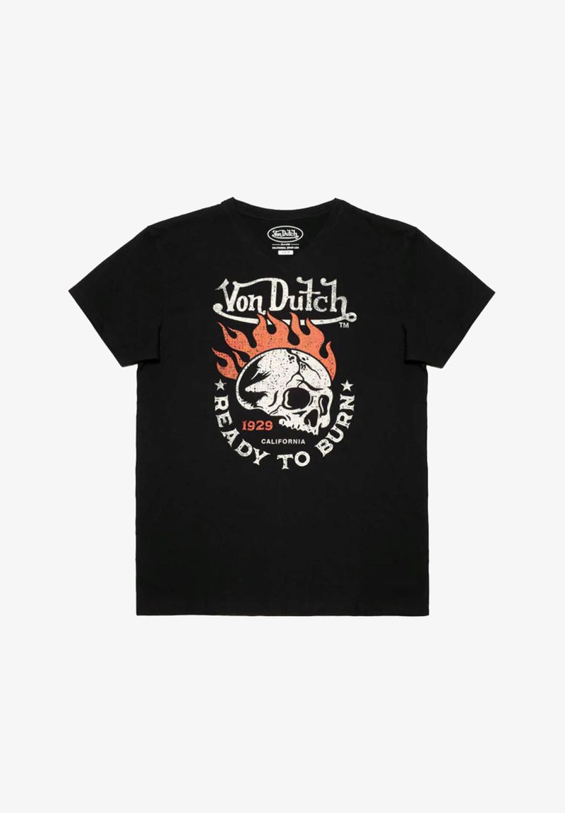 T-shirt en coton noir affichant un graphisme d'une tête de mort entourée de flammes. Le texte comprend "Von Dutch," "PRÊT À BRÛLER," et "1929 CALIFORNIE."