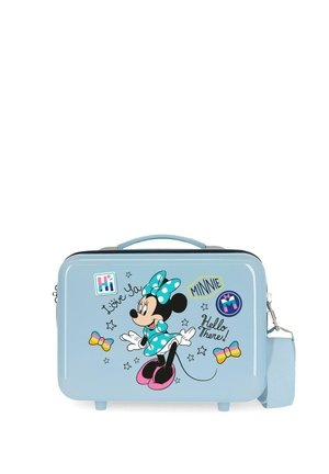 Maleta rígida azul claro con Minnie Mouse con vestido de lunares, lazos de colores y texto que dice "Hi," "Minnie," y "Hello There!"