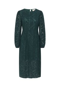 Dark green lace dress with a round neckline, long sheer puff sleeves, and floral patterns. Mid-length with a fitted waist and subtle back closure.