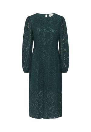 Dark green lace dress with a round neckline, long sheer puff sleeves, and floral patterns. Mid-length with a fitted waist and subtle back closure.