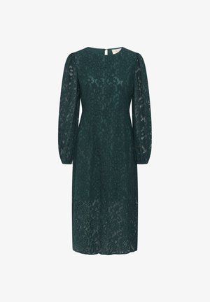 Mörkgrön spetsklänning med rund halsringning, långa genomskinliga puffärmar och blommönster. Mittenlängd med figursydd midja och diskret bakstängning.