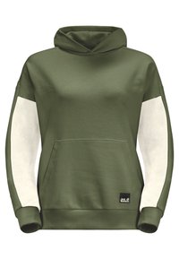 Olivově zelená mikina s kapucí s bílými panely na rukávech, přední klokaní kapsa, žebrované manžety a lem, a malá černá nášivka s logem Jack Wolfskin.