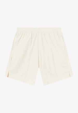 Helle beige Shorts mit einem elastischen Bund, seitlichen Taschen, dezent geprägtem Muster und Schlitzen am Saum für mehr Bewegungsfreiheit.