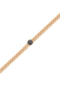 Aranyszínű, láncbracelet, amely ovális fekete drágakő középponttal rendelkezik. A láncszemek simán összekapcsolódnak, fényes felülettel.