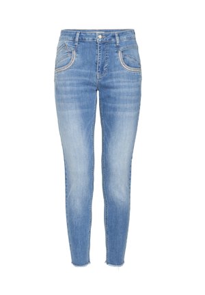 Skinny Jeans aus hellblauem Denim mit verwaschenem Finish, ausgestattet mit mittelhohem Bund, Fünf-Taschen-Design und leicht ausgefranstem Saum.