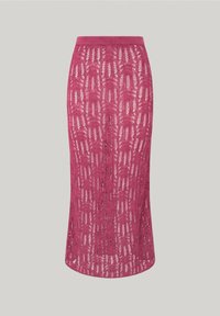 Gonna a matita in maglia di un vivace rosa, caratterizzata da un design in pizzo lavorato a rilievo e una vita a coste, con una silhouette aderente che si restringe all'orlo.