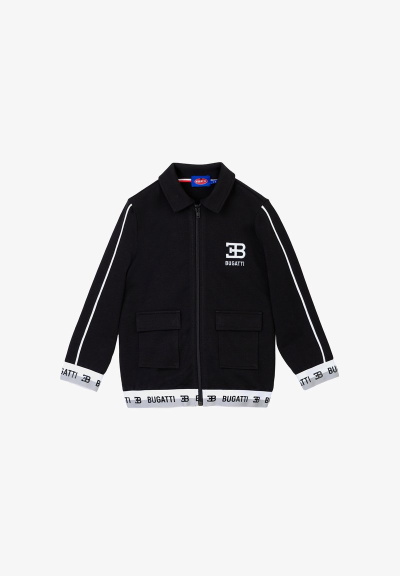 Giacca nera con zip, dotata di due tasche frontali, dettagli bianchi sulle maniche e sulla vita, e un logo con la scritta "Bugatti" sul petto e sull'orlo.