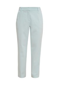Pantalon bleu clair avec une coupe ajustée, doté d'un devant plat, de poches latérales et d'une longueur raccourcie. Confectionné dans un tissu lisse et léger.