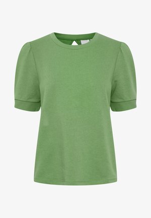 Grön bomulls t-shirt med korta puffärmar, rund halsringning och en liten nyckelhålsdetalj på baksidan. Slät textur, avslappnad passform.