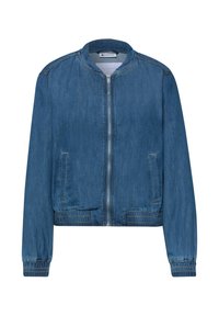 Blå denim bomberjakke med lynlås foran, ribbet krave, manchetter og kant samt to sidelommer.