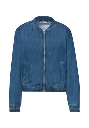 Veste bomber en denim bleu avec fermeture éclair à l'avant, col, poignets et ourlet côtelés, et deux poches latérales.