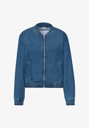 Veste bomber en denim bleu avec fermeture éclair à l'avant, col, poignets et ourlet côtelés, et deux poches latérales.