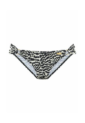 Schwarz-weiß abstrakt gemusterte Bikinihose mit seitlichen Bindebändern und goldenen Ringakzenten an jeder Hüfte.