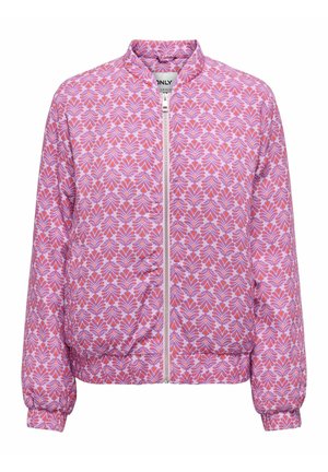 Hele roosa tõmblukuga jakk lilla ja punase abstraktse lillemustriga, elastsed varrukaotsad ning kraavita krae.