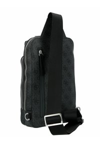 Black fabric sling bag with embossed logo pattern, silver zippers, nylon strap, and adjustable buckle. Flat design with a sleek profile.