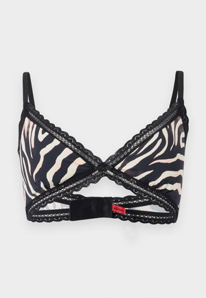 Bralette noir et beige à imprimé zèbre avec dentelle en bordure, bretelles réglables et étiquette avec le logo Hugo au niveau de la fermeture dos à agrafes.