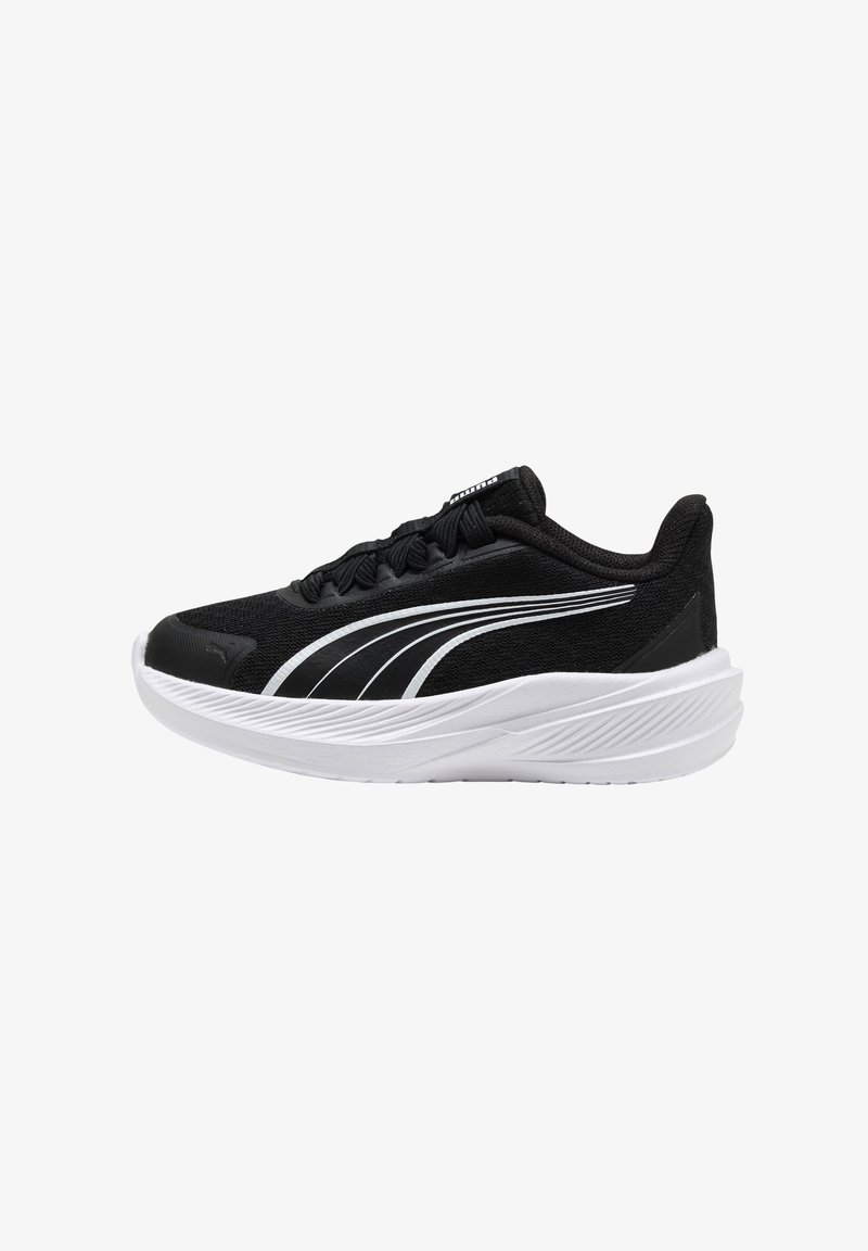 Chaussure de sport noire avec logo vague blanc sur le côté, lacets noirs, semelle blanche rembourrée et tige en mesh pour une meilleure respirabilité.