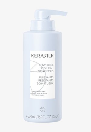 Kerasilk stärkende Maskenflasche mit Pumpe, beschriftet mit "Powerful. Resilient. Gorgeous." in Englisch, Französisch und Deutsch, 500 ml Größe.