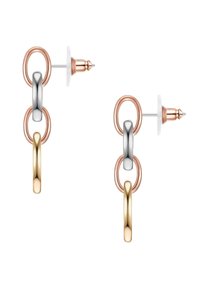 Roosa kullatud, hõbe- ja kullakaupa kõrvarõngad, millel on omavahel ühendatud ringikujulised lingid ja postitusega sulgemine. Siledad, poleeritud pinna viimistlused.